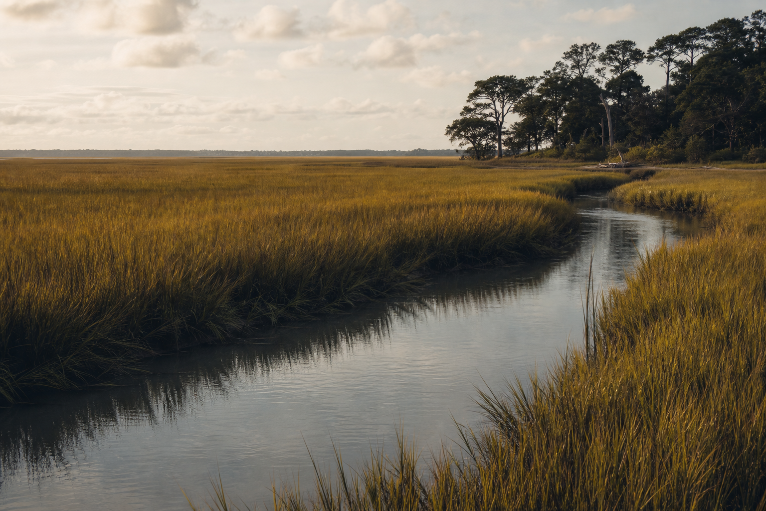 Tidal creek winding through Lowcountry spartina marsh at golden hour.