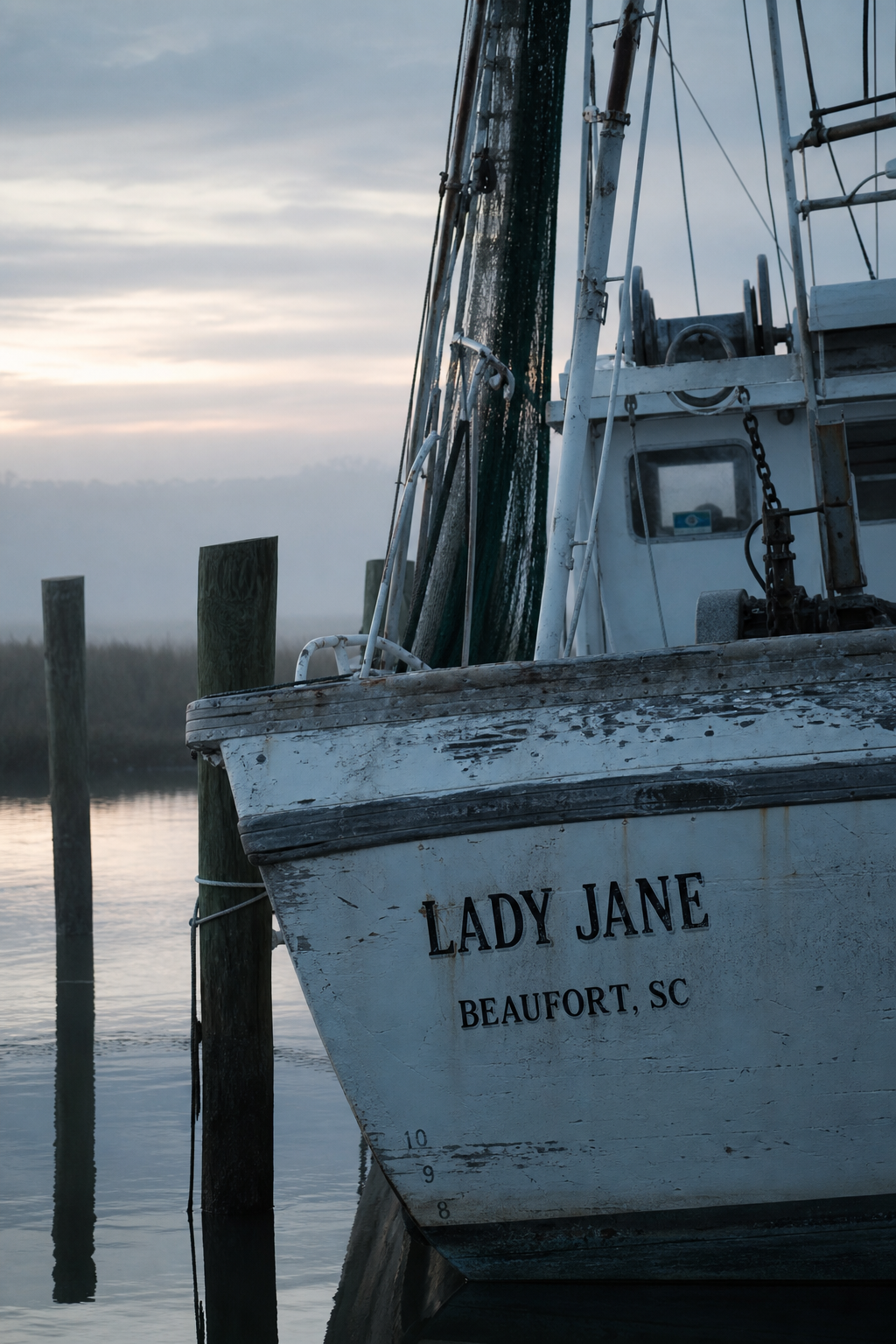 Bow of a weathered Lowcountry shrimp boat at the dock at dawn.