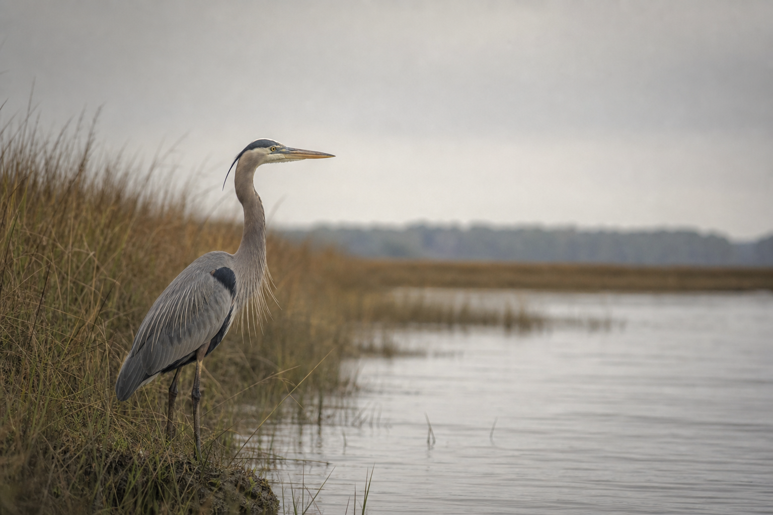 Solitary great blue heron at the edge of a Lowcountry marsh.