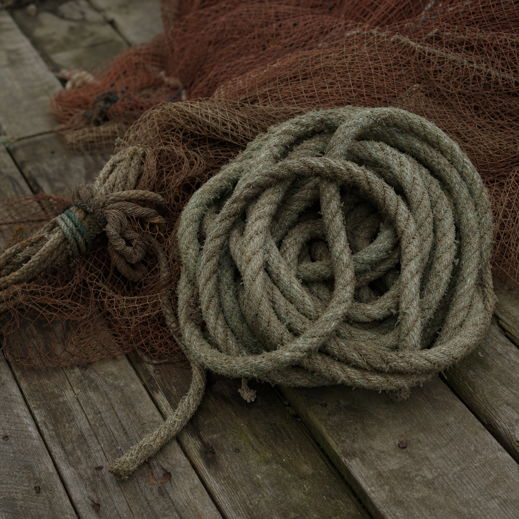 Coiled rope and fishing net resting on weathered wooden dock planks.